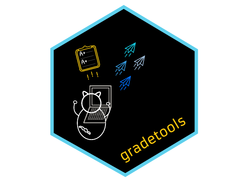 a hex shaped logo with a cat in front of a laptop sending out paper planes and a notepad with A+ on it. The logo reads gradetools